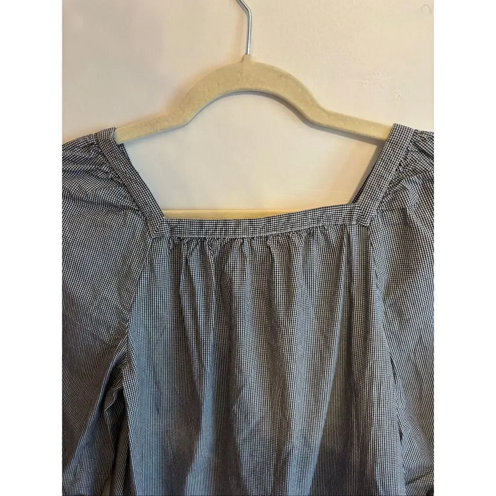 J.Crew Gingham Puff Sleeve Blouse XS Black White Square Neck Style G7060